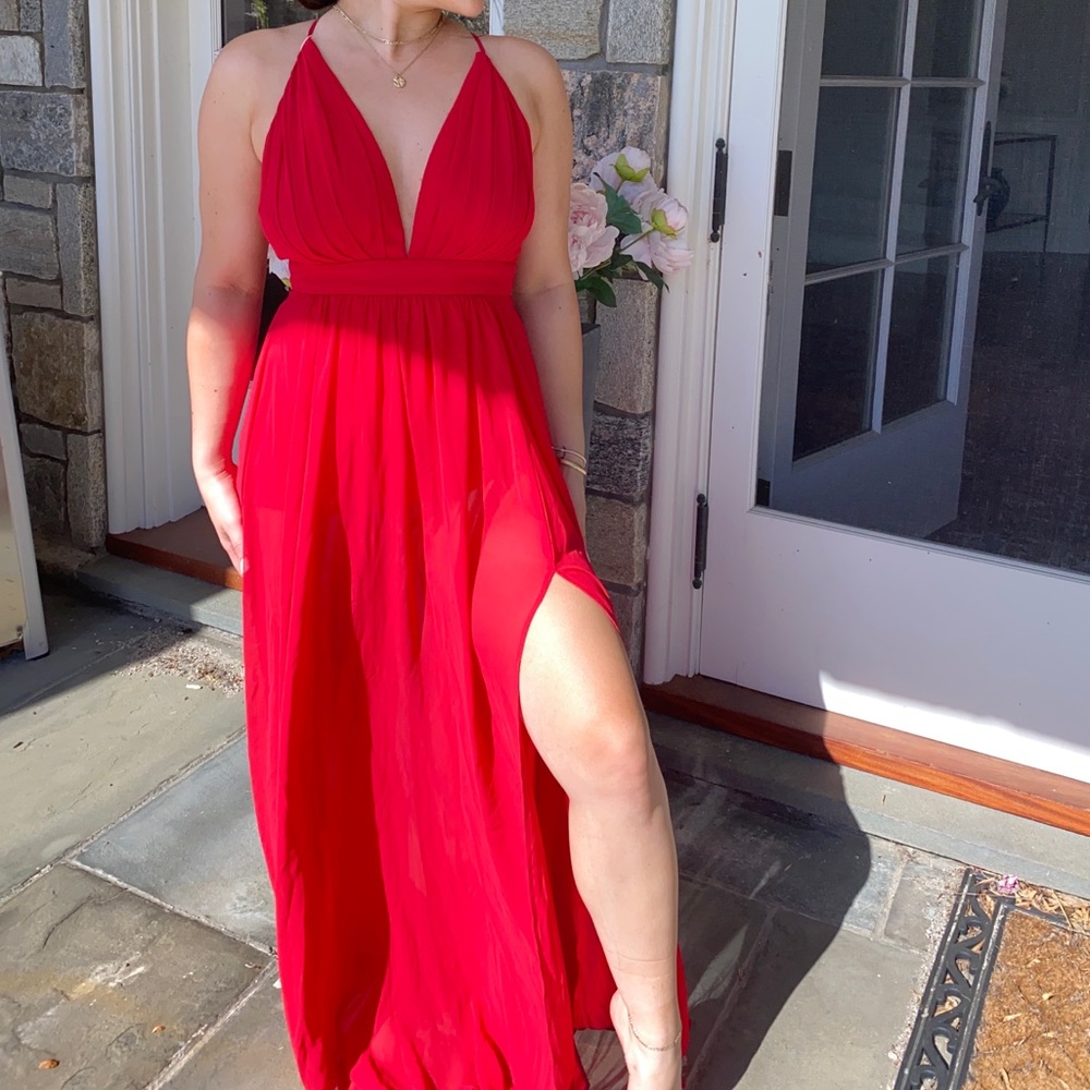 Red maxi prom dress with leg slit